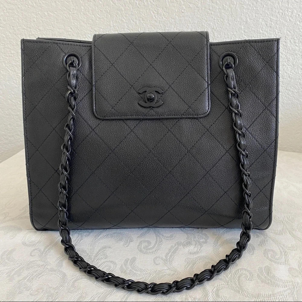 Chanel black quilted leather tote
